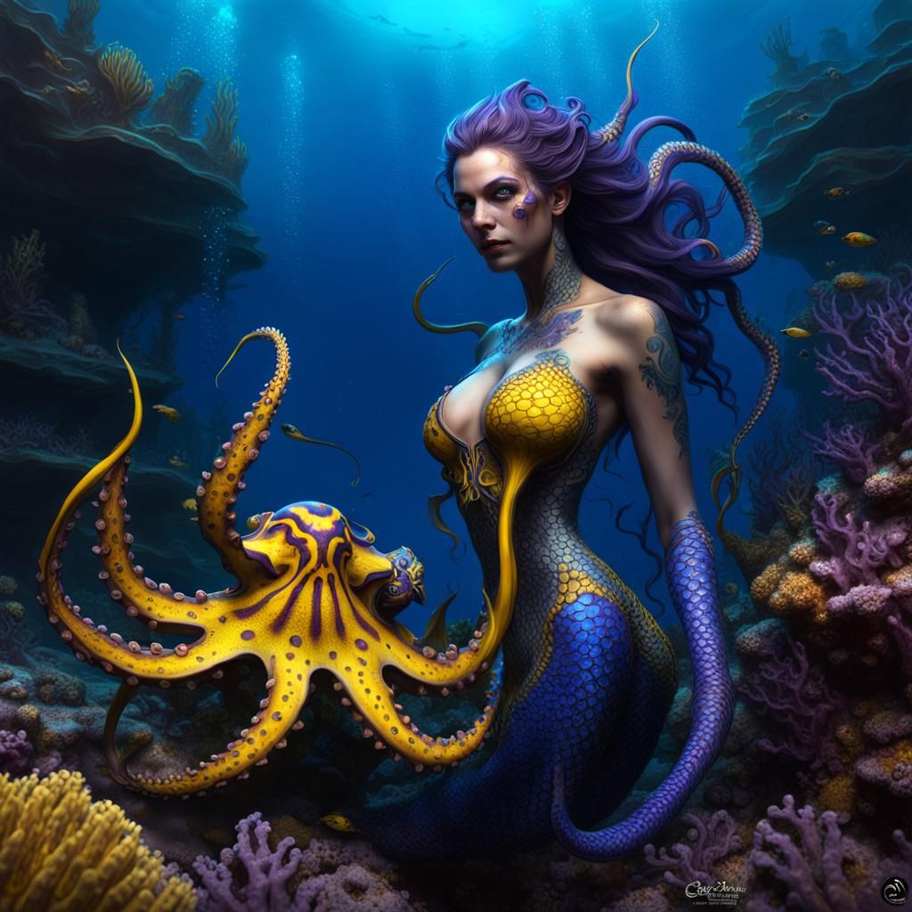 Menacing Blue-Ringed Octopus Mermaid in Dark Fantasy Style