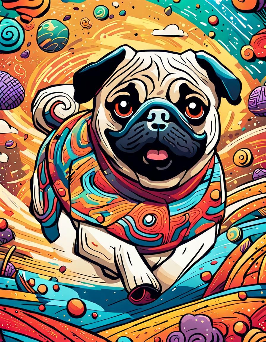 Pug Runs in Colorful Doodle World