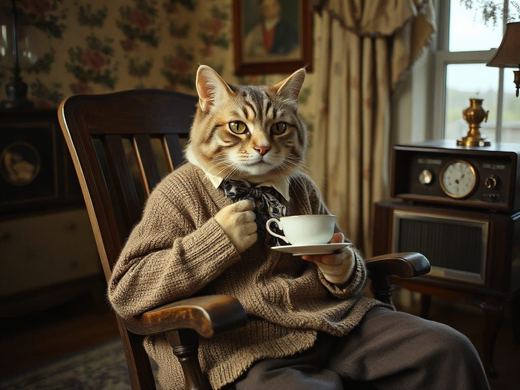 Elderly Cat in Parlor, Nostalgic Sepia Photograph