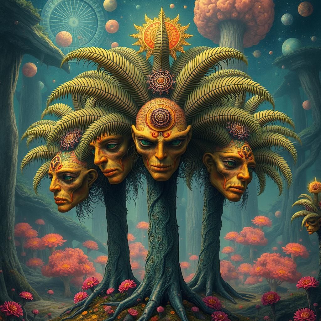 Surreal Hybrid Palm Trees in Mycelium Network