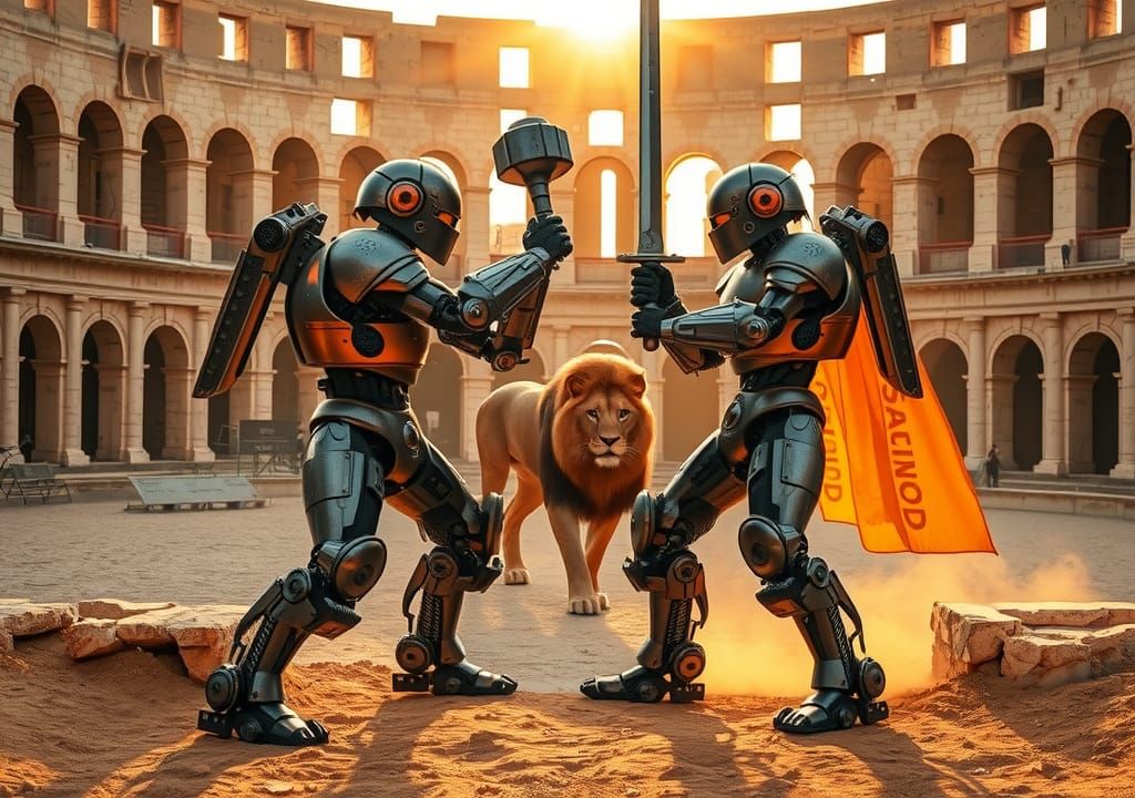 Robot Gladiators Duel in Colosseum Arena