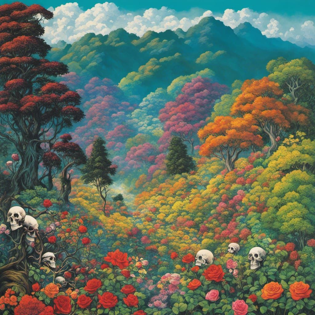 Vibrant Forest of Life and Death, Detailed Ink Drawing