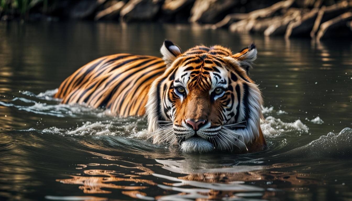 Hyperrealistic Tiger Swimming in River