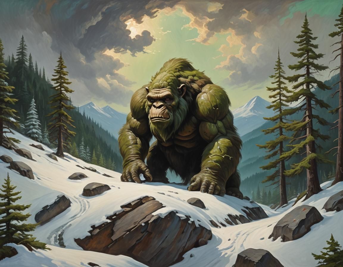 Mountain Troll in Snowy Landscape, Oil Painting