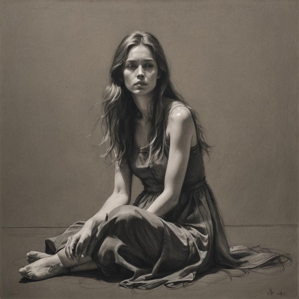 Charcoal Drawing of a Woman in Light