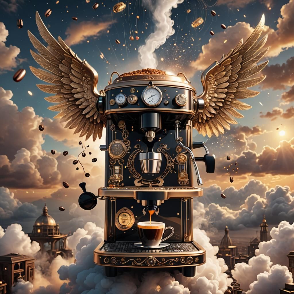 Steampunk Coffee Machine with Angel Wings