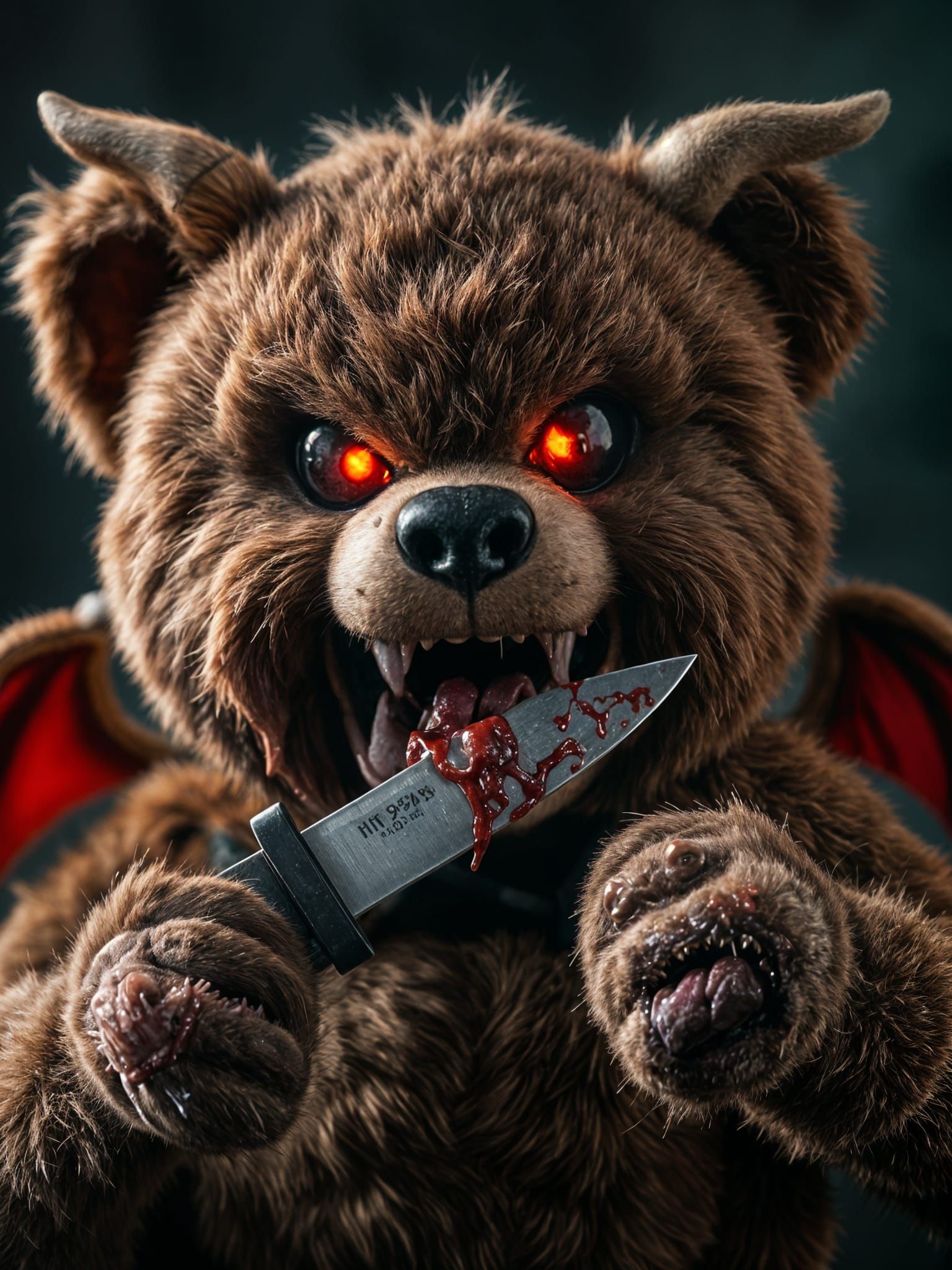 Evil Teddy Bear with Bloody Knife, Cinematic Film Still
