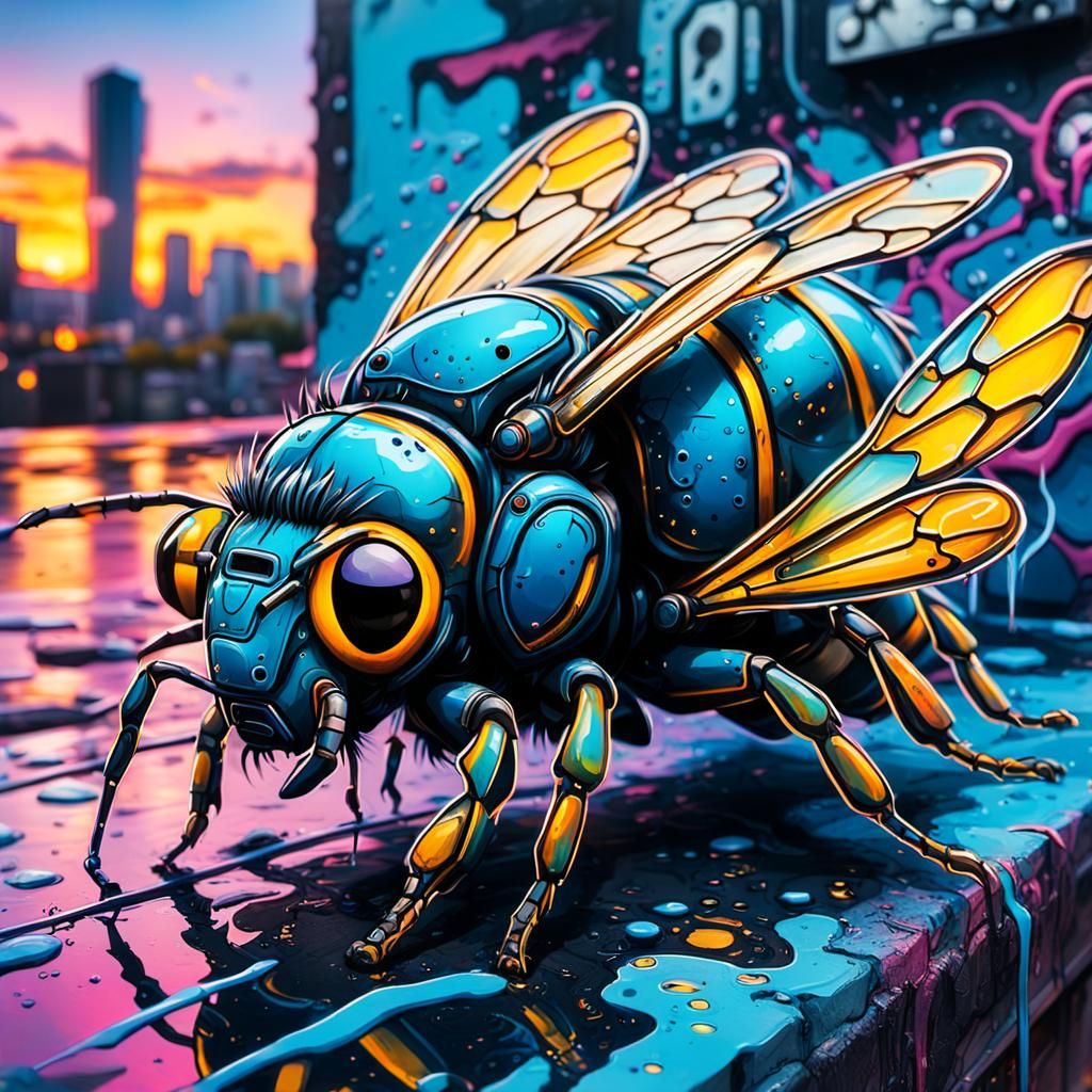 Cyberpunk Cyborg Bee Graffiti Art in Pollock Style