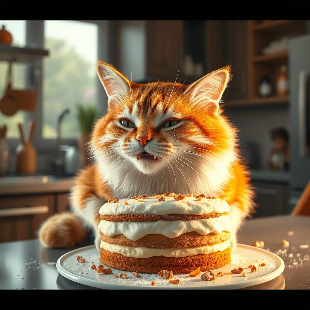 Whimsical Cat Devours Cake in Modern Kitchen
