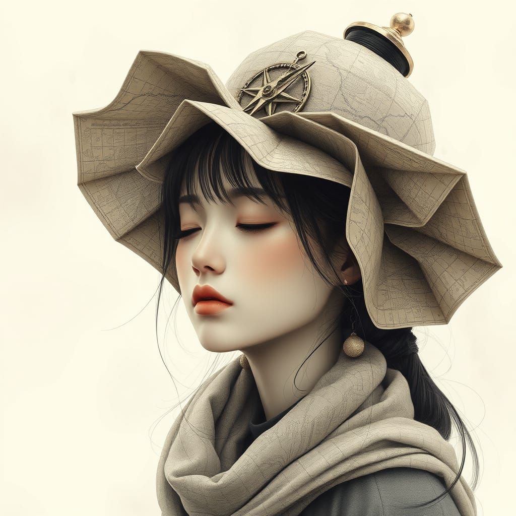 Surreal Portrait of Woman with Map Hat