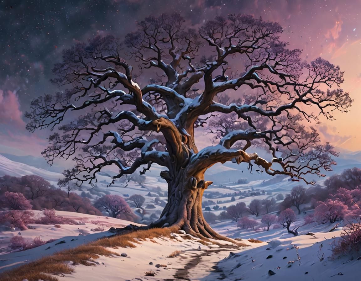 Oak Tree in Snowy Landscape with Neon Glow