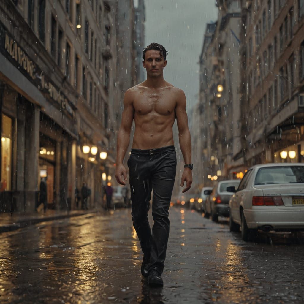 Man Walks in Rain with Golden Hour Lighting