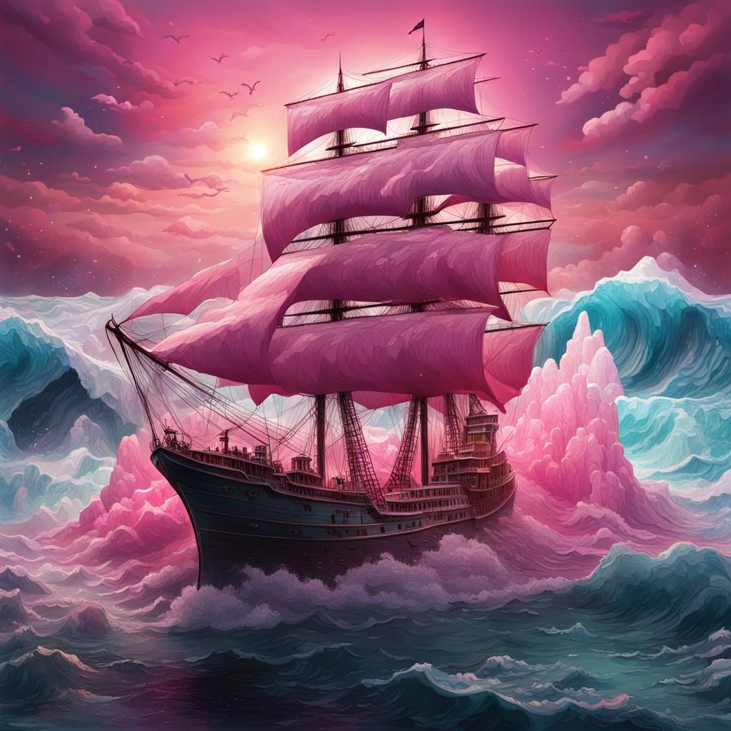 Ship in Glass Bottle with Pink Iceberg