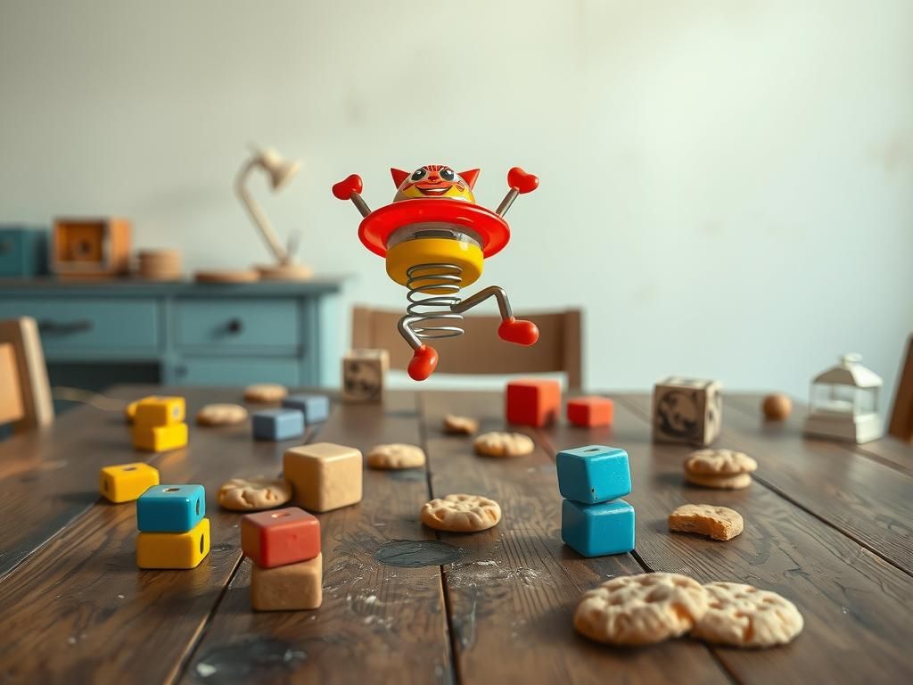 Dynamic Pop-Up Toy in Motion, Futurist Art Style