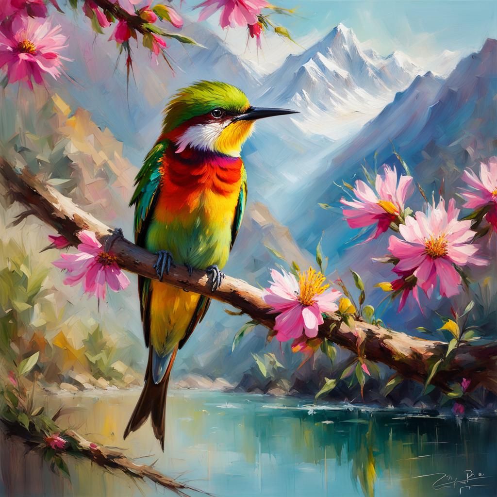 Charming Bee-eater Among Blossoms as Oil Painting