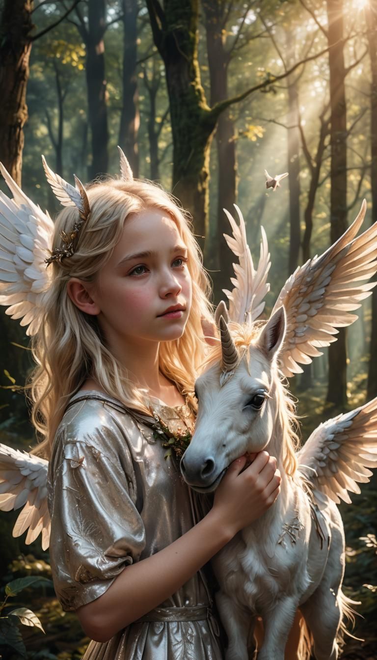 Girl and Winged Unicorn in Hyper-Realistic Digital Art