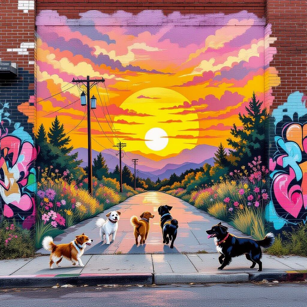 Dogs Running Freely in Street Art Mural