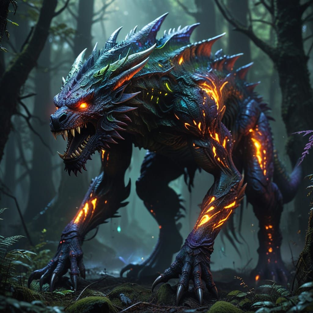 Dark Fantasy Beast Reveals Sharp Teeth and Glowing Eyes