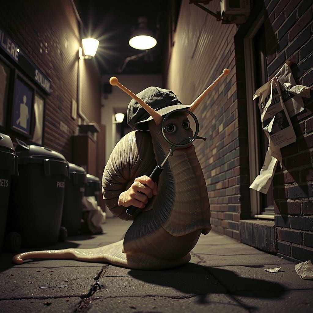 Noir Snail Detective Investigates Crime Scene