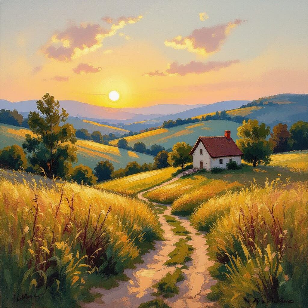 Impressionistic Oil Painting of Sunset Hills and Cottage