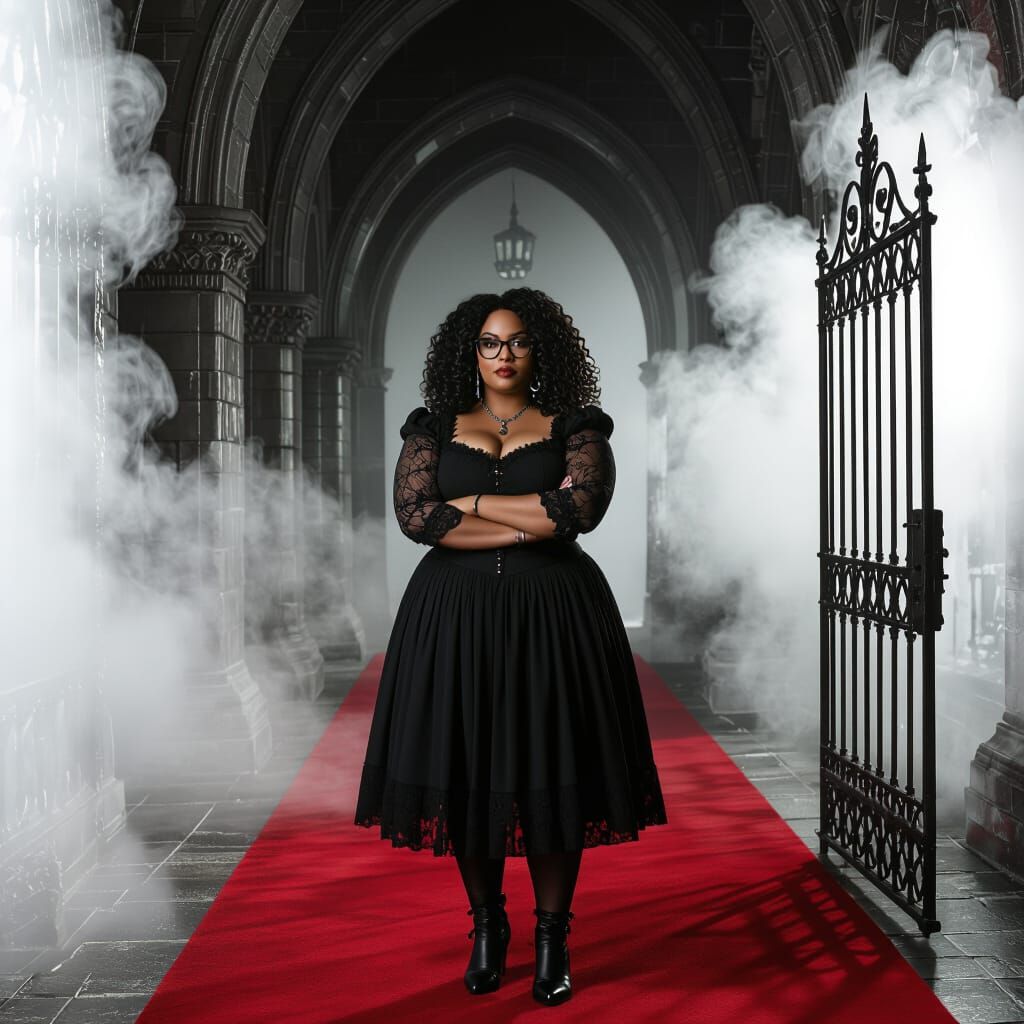 Gothic Black Woman in Dark Fantasy Castle Hallway