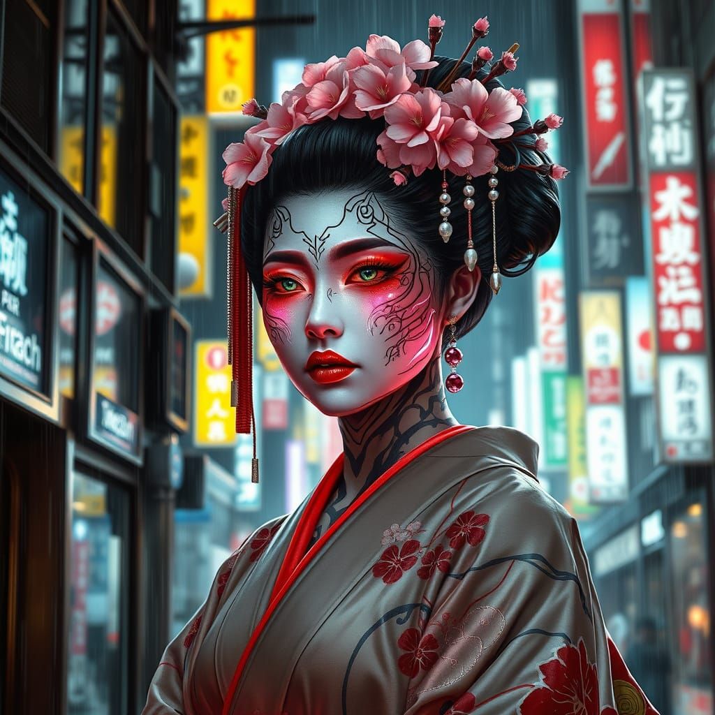 Cyberpunk Geisha in Rainy Tokyo Alleyway