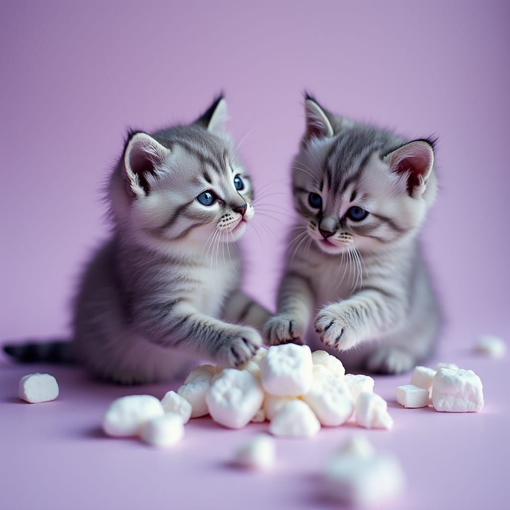 Kittens Play With Marshmallows in Lavender Hues