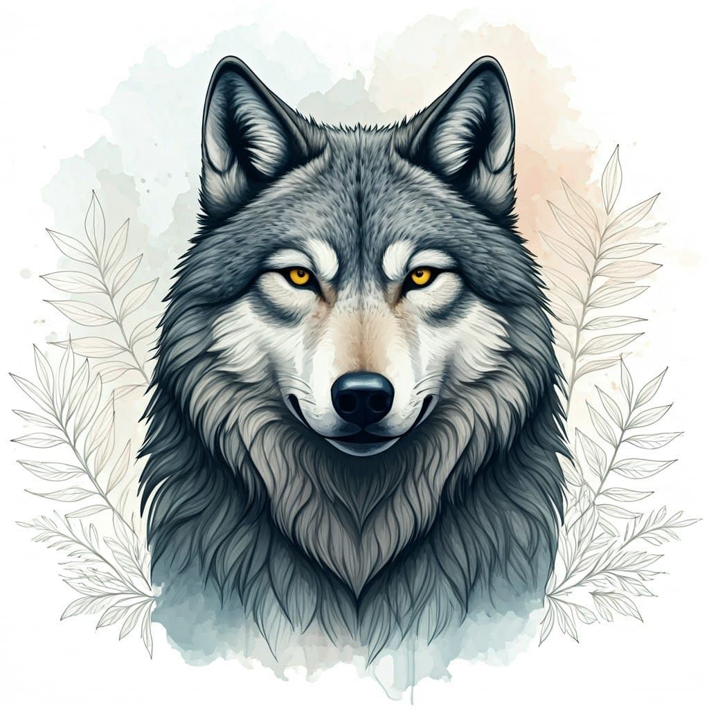 Regal Gray Wolf in Whimsical Watercolor Landscape