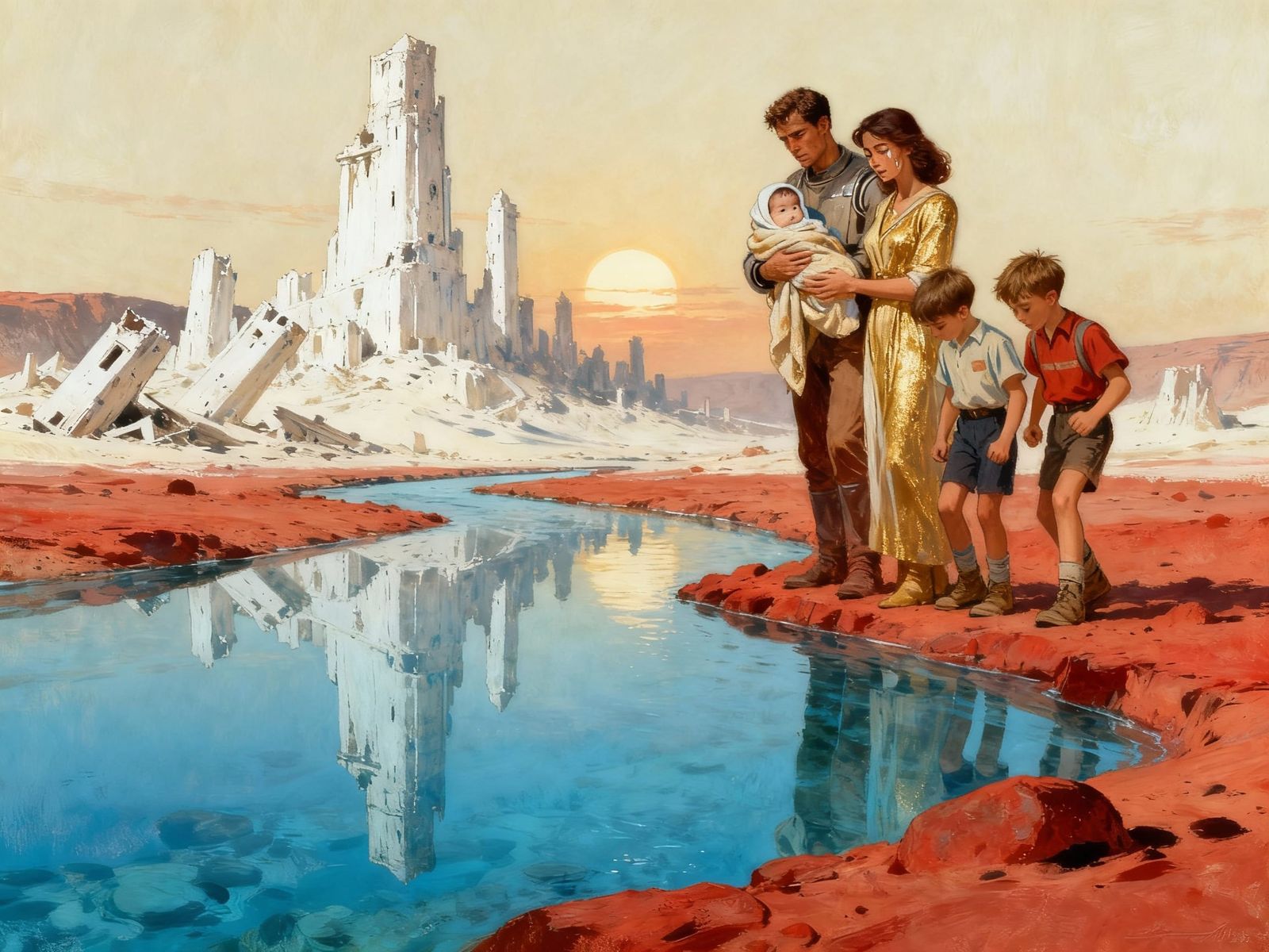 Family on Mars in 1950s Retro Sci-Fi Style