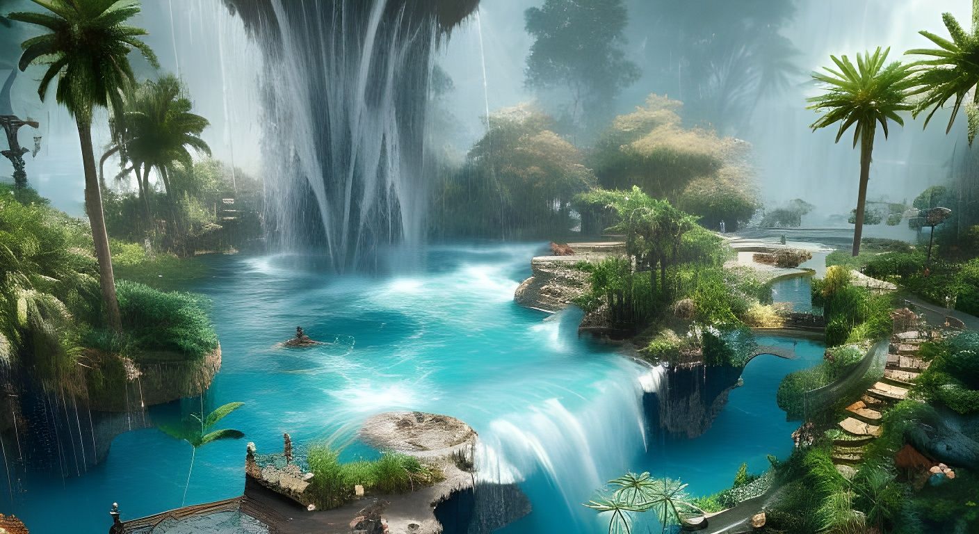 Hyperdetailed Pool with Waterfall in Lush Setting