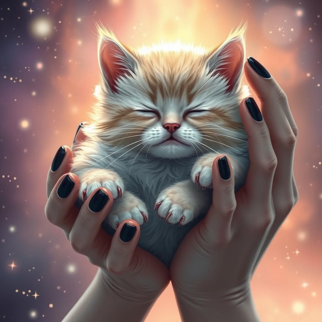 Clawed Hands Holding Kitten in Cosmic Illustration