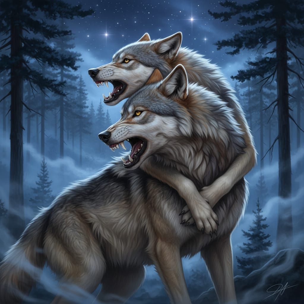 She-Wolf Protects Mate in Moonlit Forest Glade