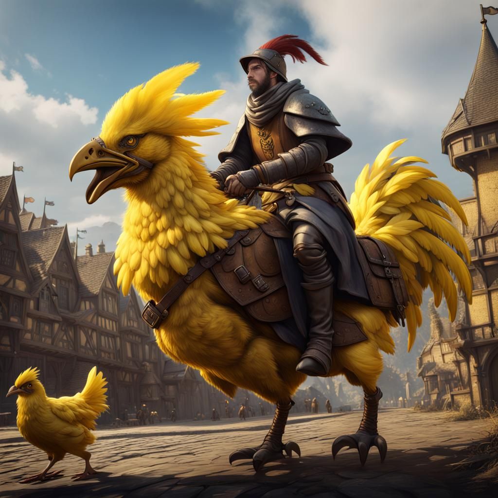 Medieval Merchant Riding a Yellow Chocobo