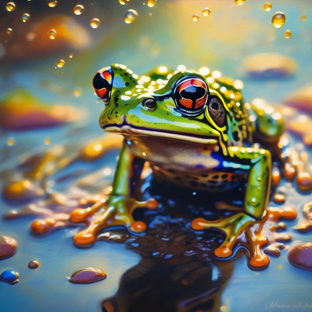 Frog in Splashing Puddle Oil Painting
