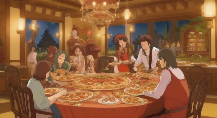 Whimsical Ghibli-Inspired Pizza Banquet with Luscious Tomato...