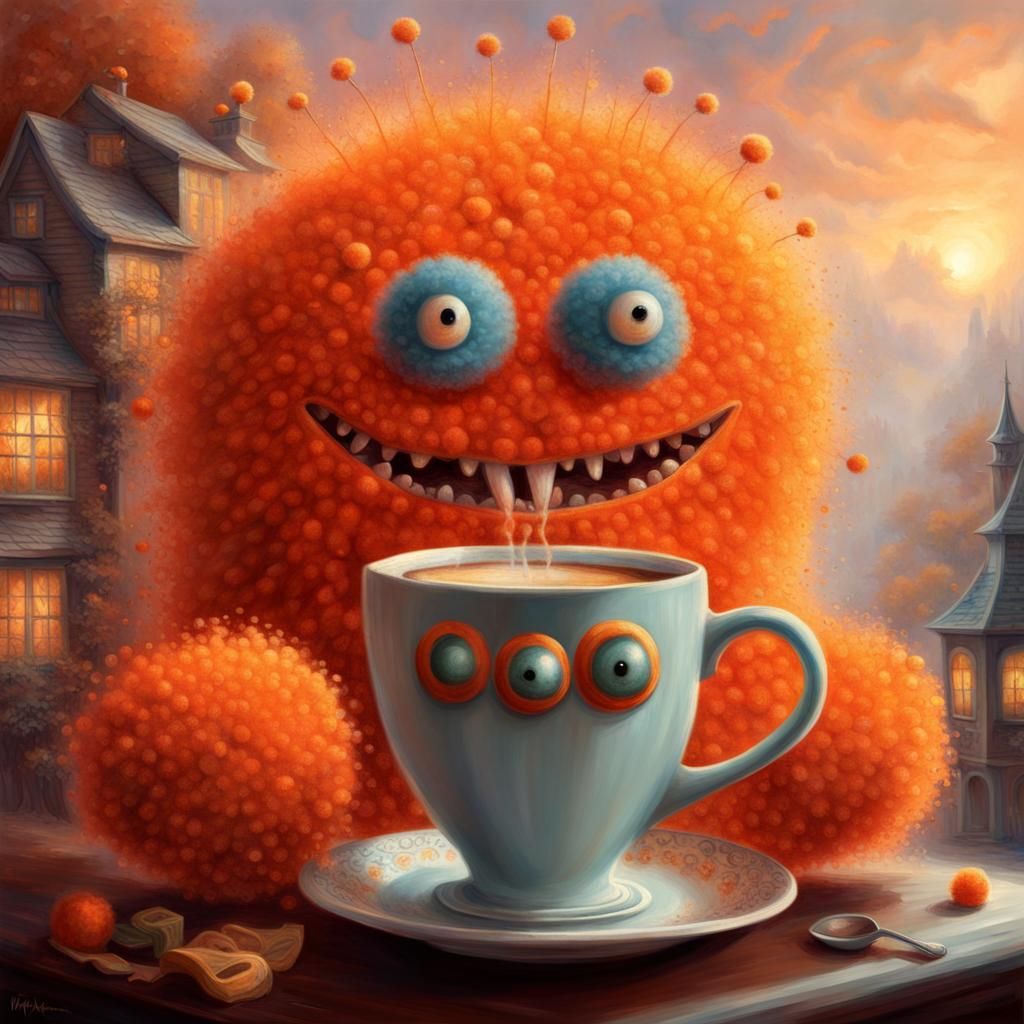 Orange Pompom Monster Drinks Coffee in Ethereal Style