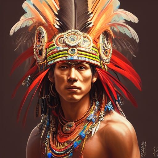 Aztec Dancer Portrait with Feather Headdress