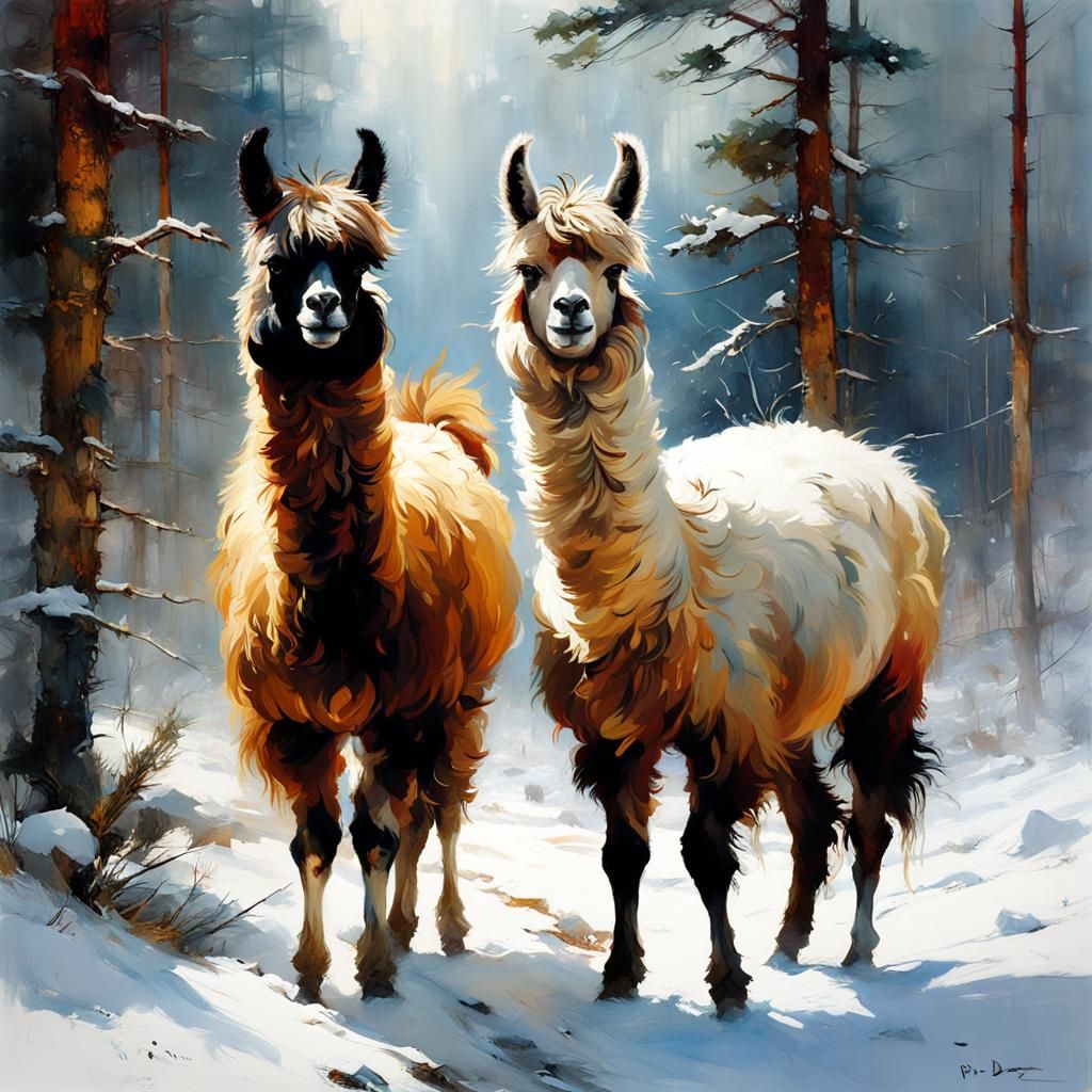 Llamas Playing in Snowy Forest: Detailed Matte Painting