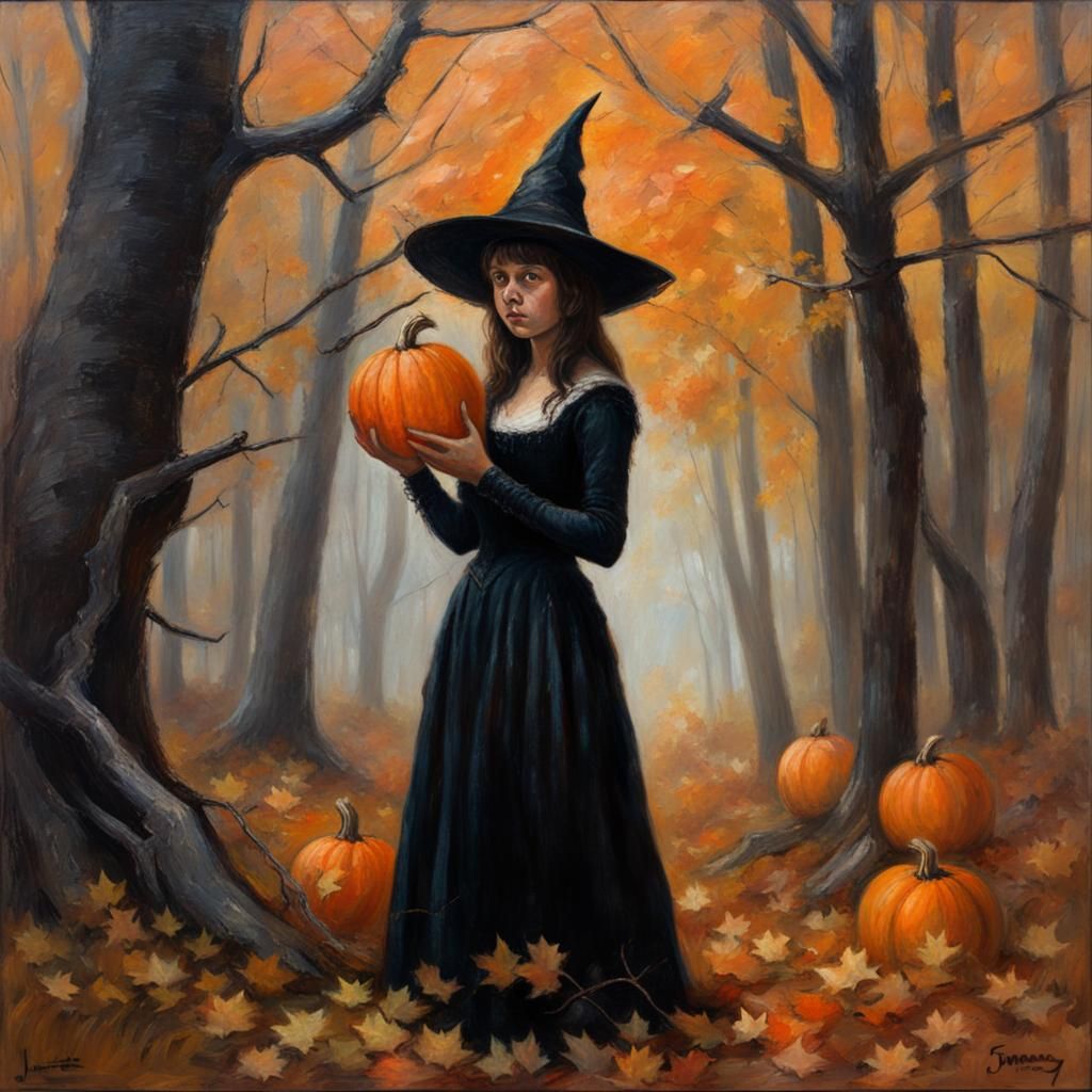 Spooky Halloween Forest Witch in Oil Painting
