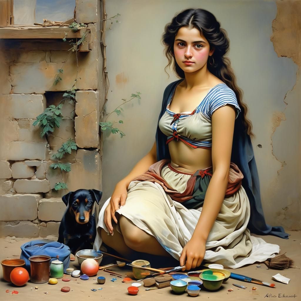 Beautiful Woman with Digital Pet in Pencil Sketch