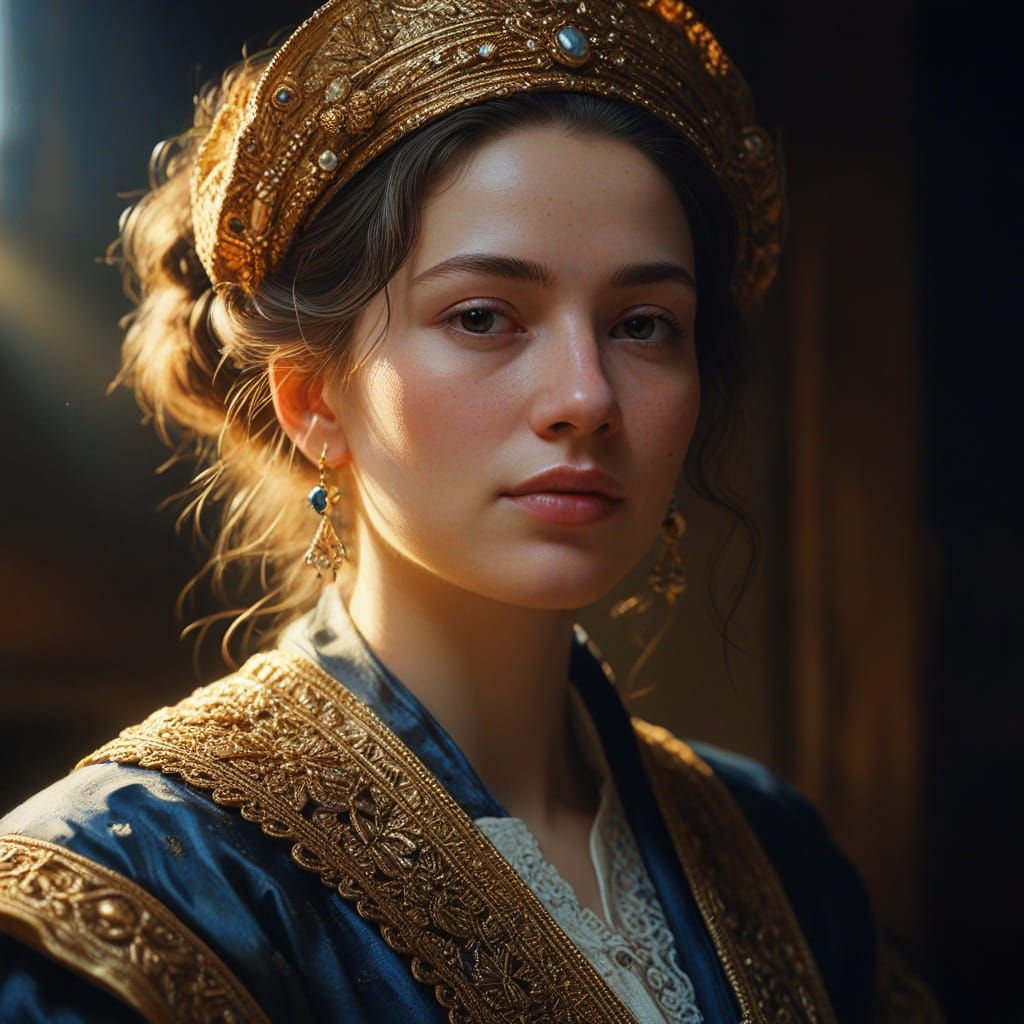 Woman in Oil Painting with Golden Light