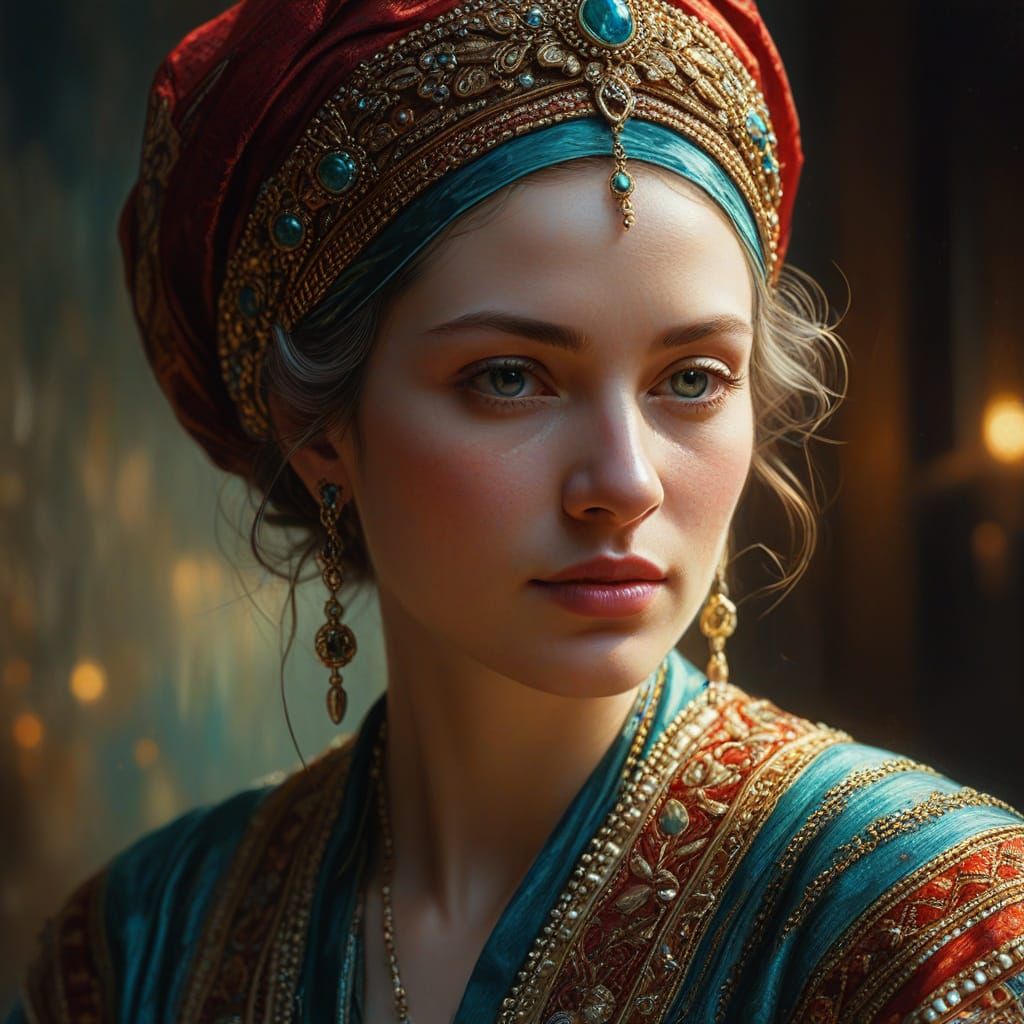 Woman in Ornate Clothing: Rembrandt-Inspired Oil Painting