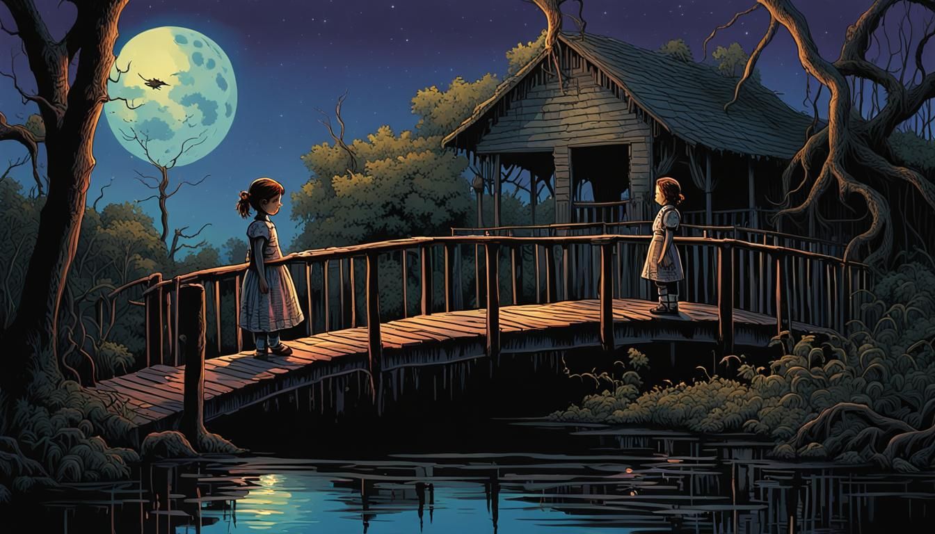 Victorian Girl on Bayou Bridge: Surreal Fantasy Art