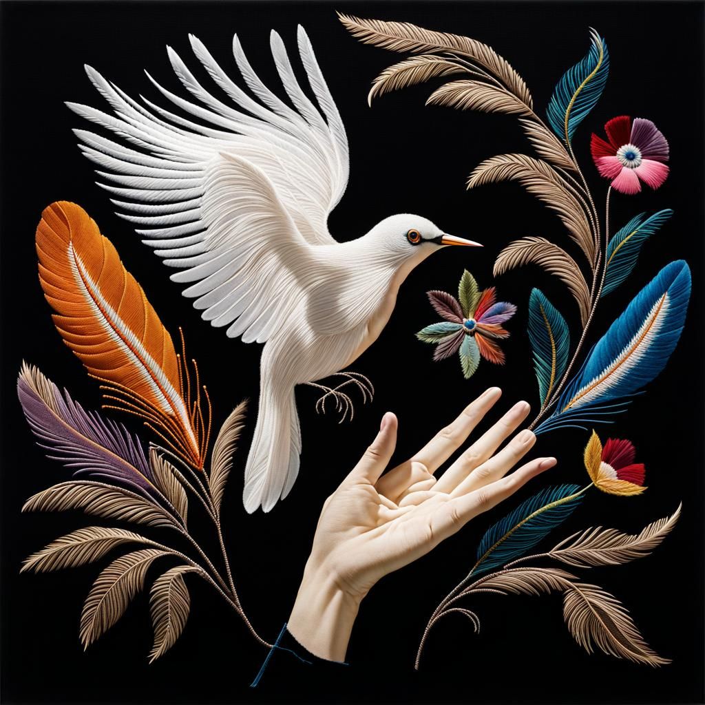 Embroidered colorful Bird Photogram by Mann Ray, Feathers, R...