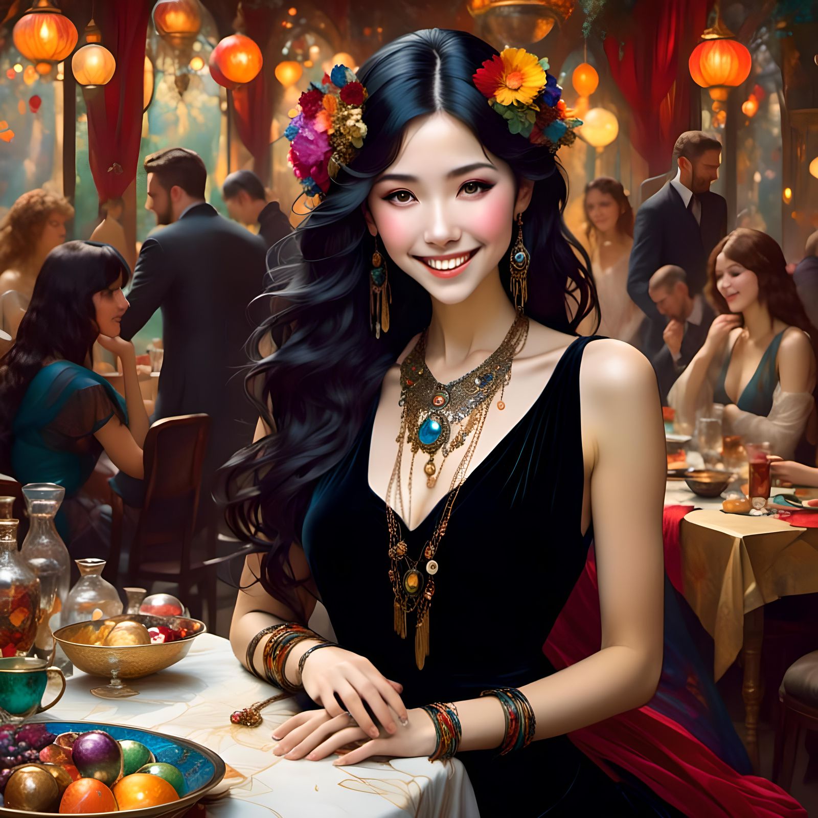 Elegant Woman in Velvet Dress, Art Nouveau Style