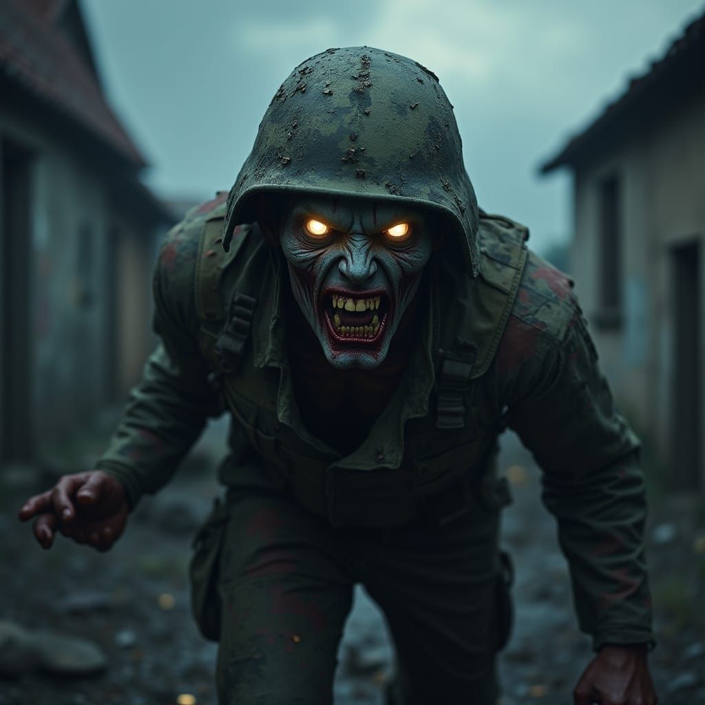Hyperrealistic Zombie Soldier Portrait in Ruined Village