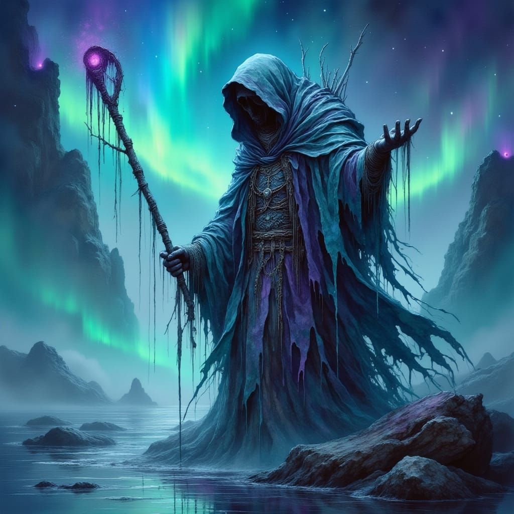 Ancient Blind Seer in Mystical Aurora Landscape