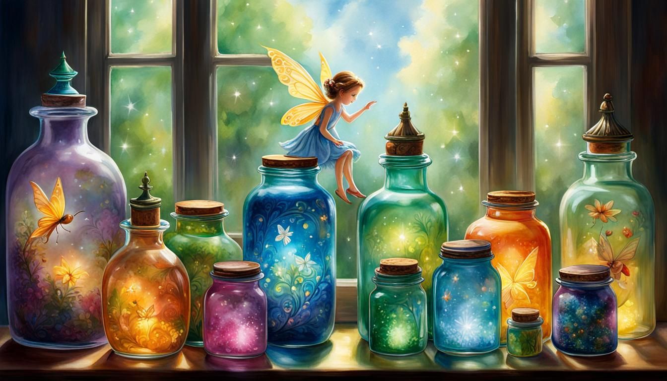 Fairy on Luminescent Bottles in Watercolor Style