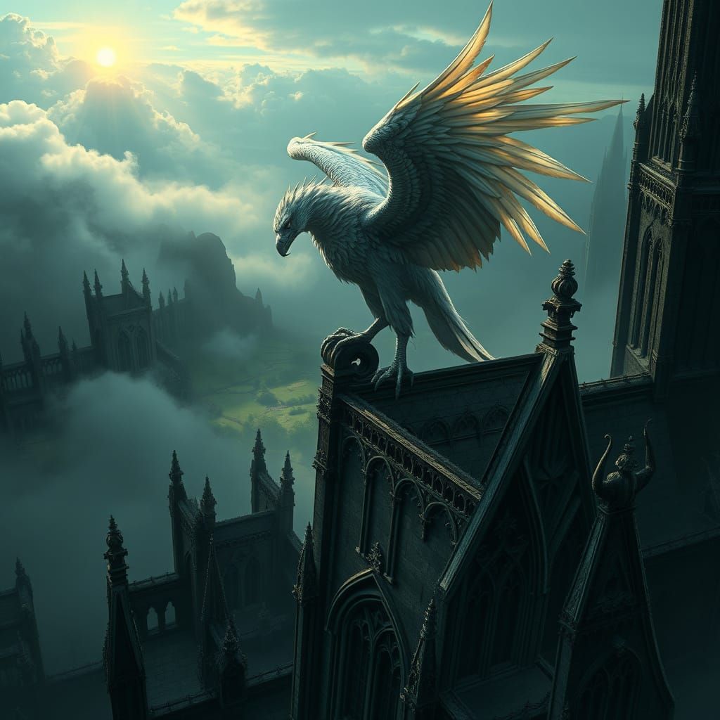 Griffin Perched Atop Gothic Cathedral in Dark Fantasy Style