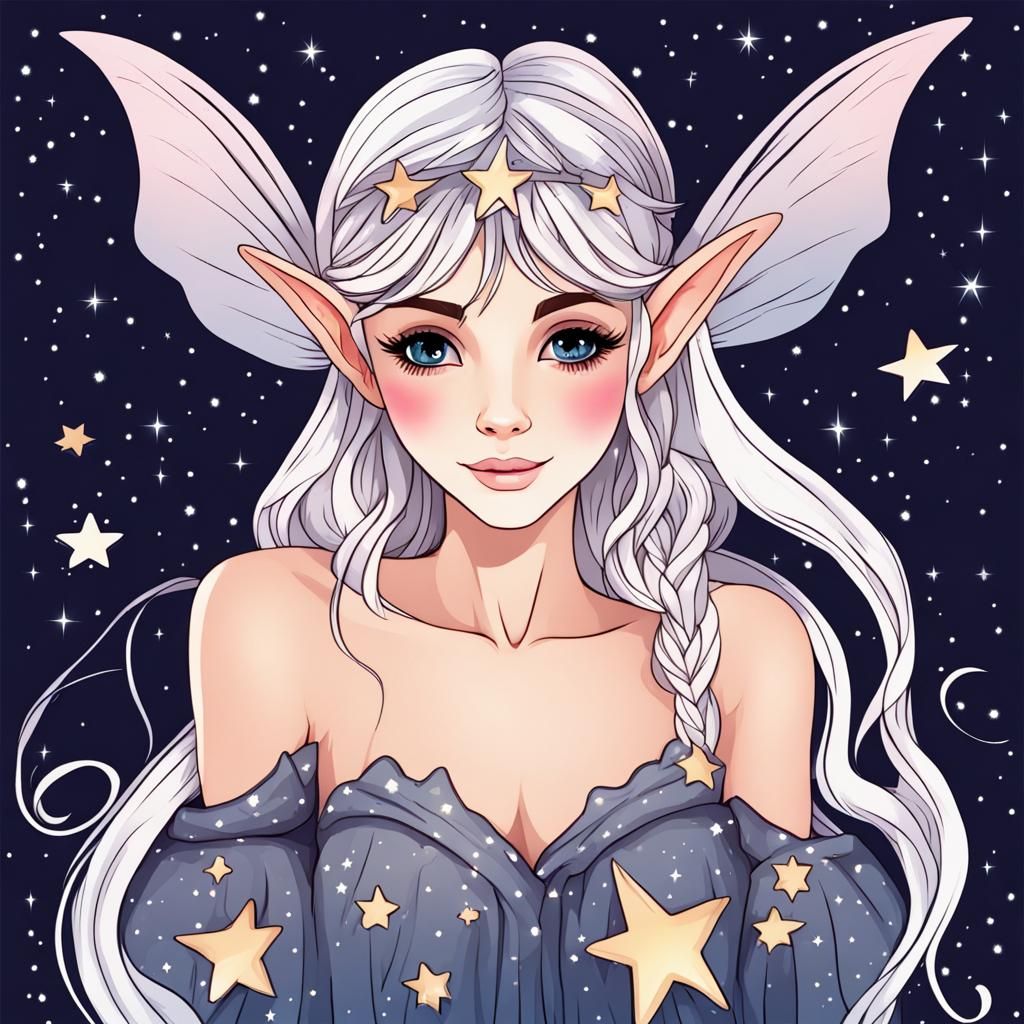 Cute Fairy Elf in Dark Starry Sky